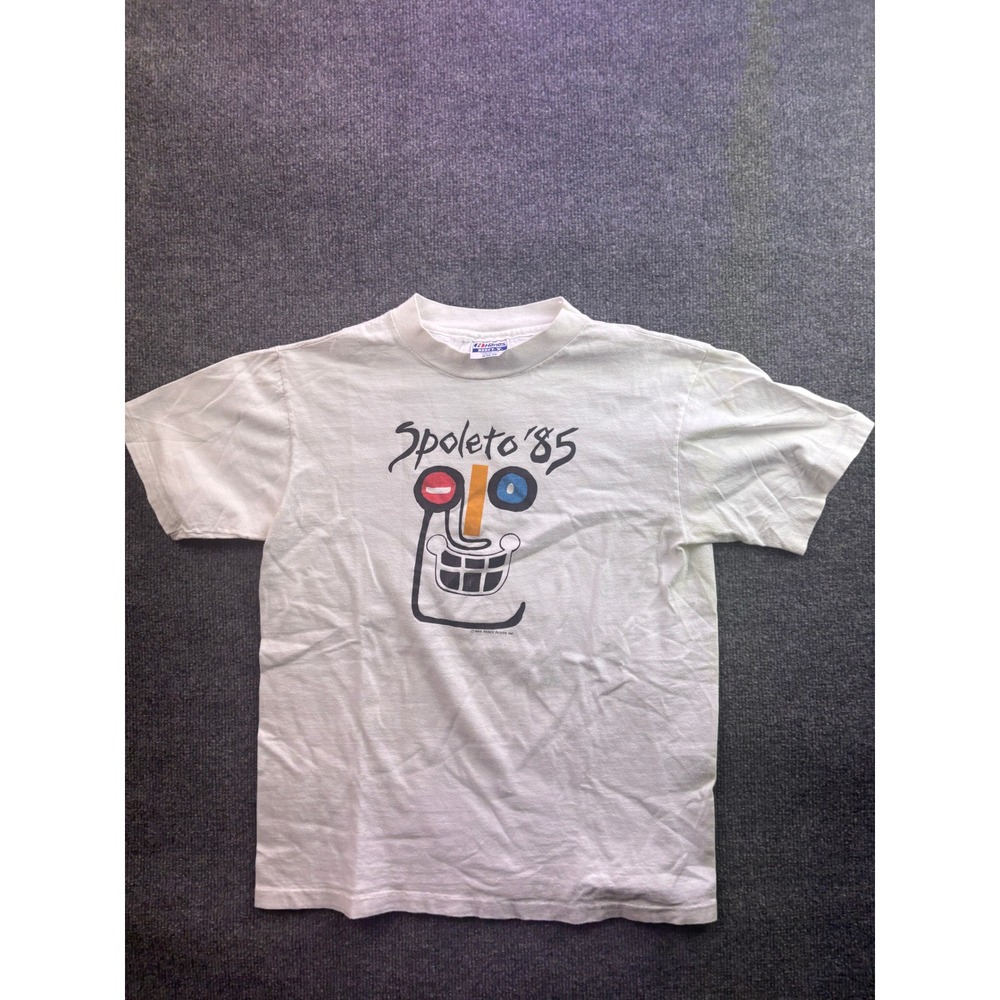 Hanes T-Shirt Mens M White Spoleto 85 Vintage Graphic Single Stitch Cotton